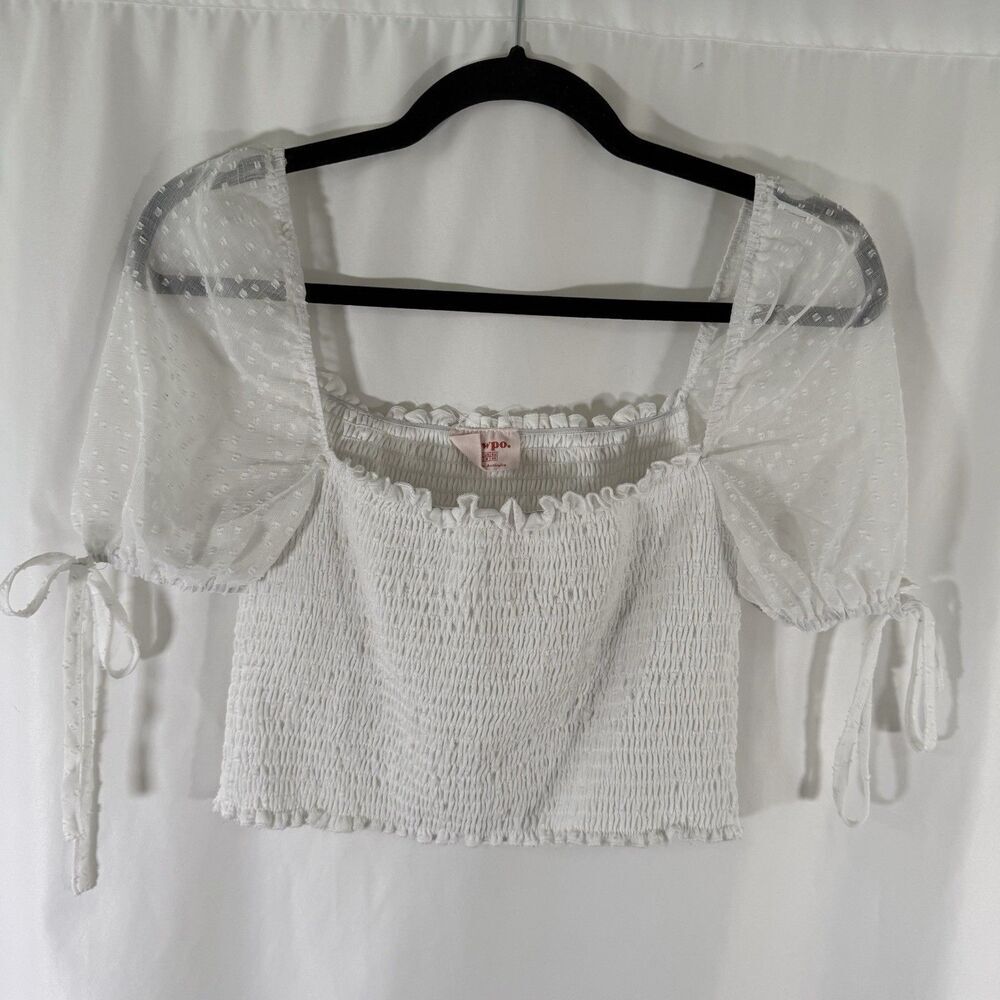 Showpo Crop Top Women's 8 White Smocked Sheer Sleeve Square Neck Stretchy